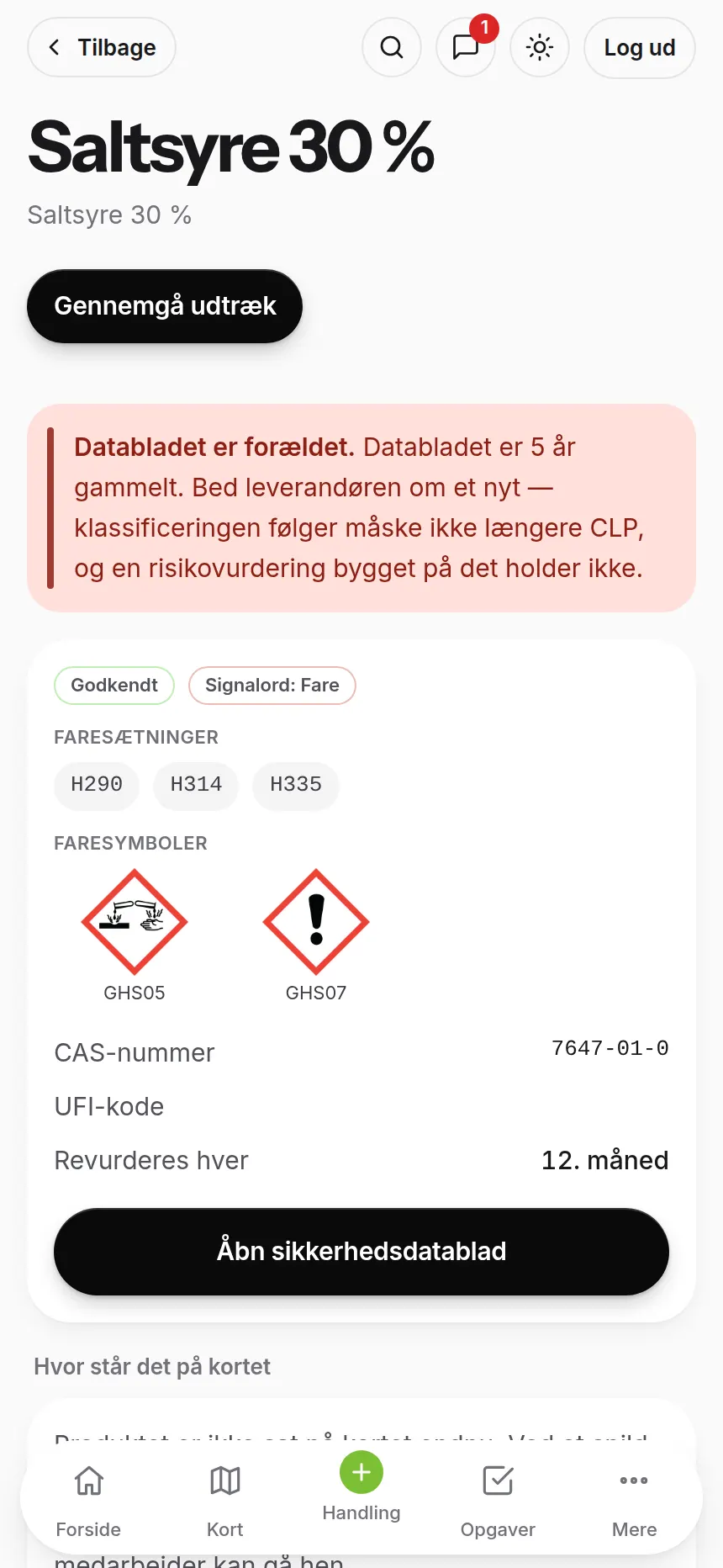 Et sikkerhedsdatablad med faresymboler